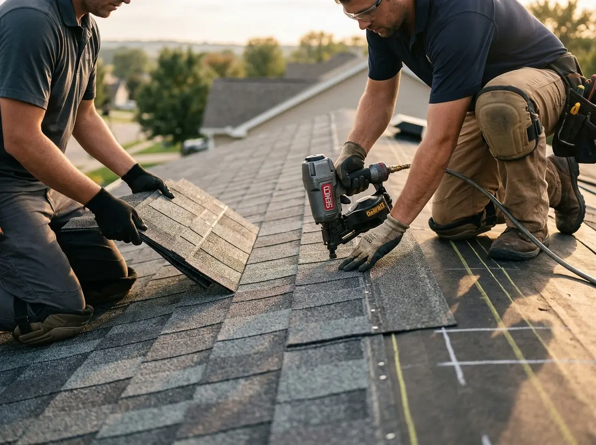 Professional roofer working on a residential roof in Los Angeles